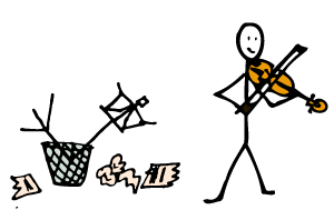 Doodle of a violin player improvising, with all the sheet music in the garbage