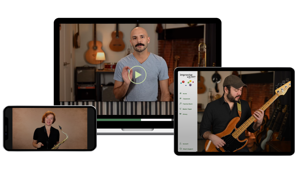 IFR membership platform shown on desktop, tablet, and mobile — with video lessons for guitar, bass, saxophone, and more